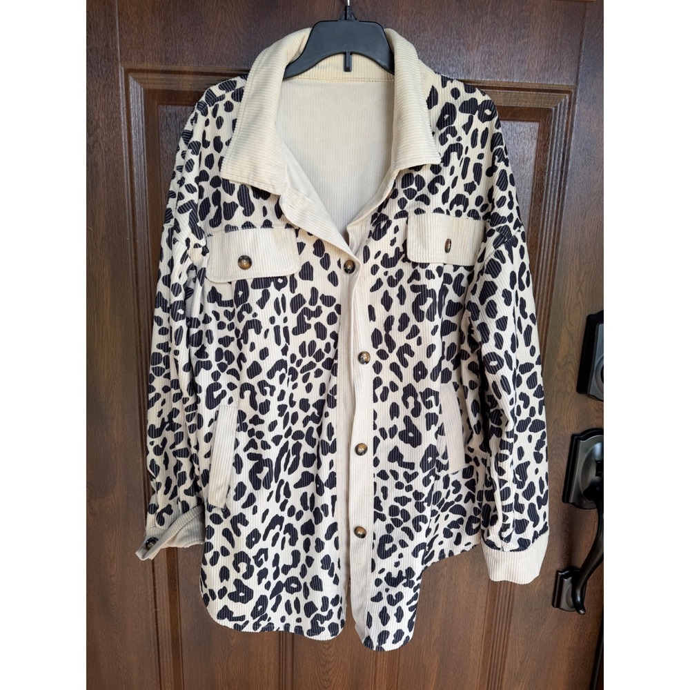Women's large leopard print fall overcoat corduroy button down shacket overcoat
